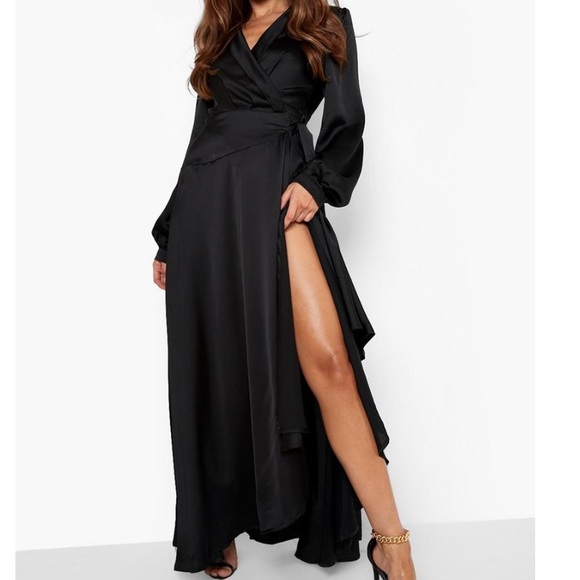 Black Satin Wrap dress, long sleeve - Picture 1 of 1